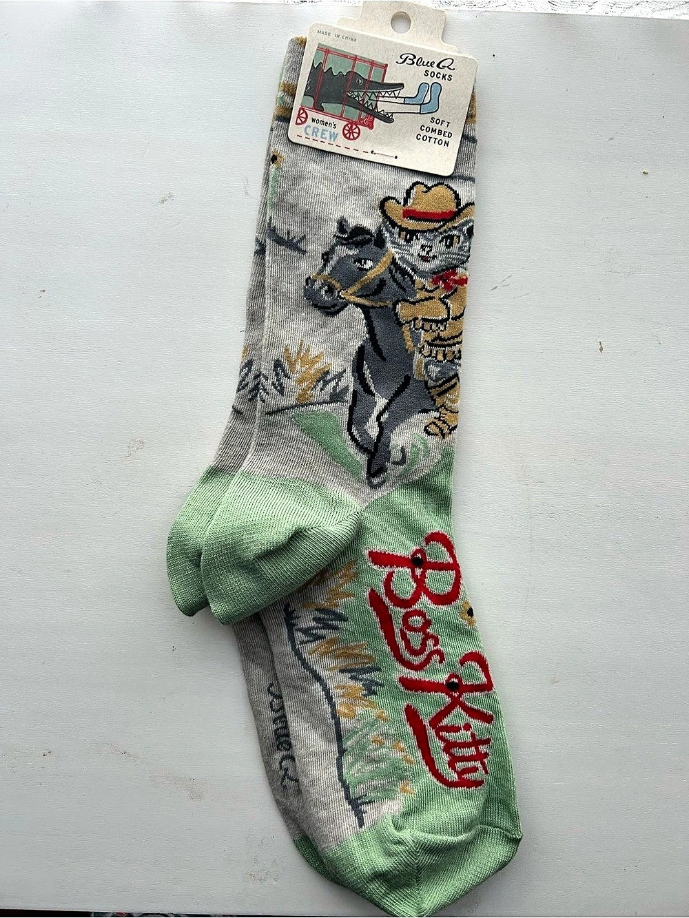 Blue Q Boss Kitty Crew Socks Green & Gray Women's 5-10